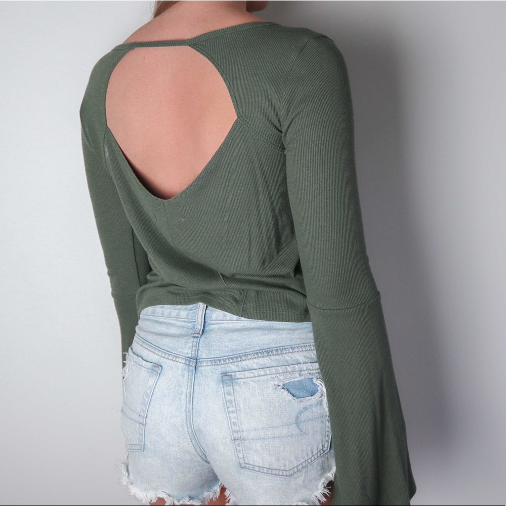 Open Back Army Green Long Sleeve Ribbed Top